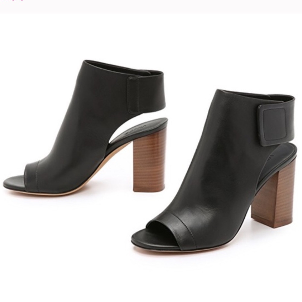 VINCE Faye Wooden Black Leather Peep Toe Block Heel Bootie Italy US 8 / EU 38